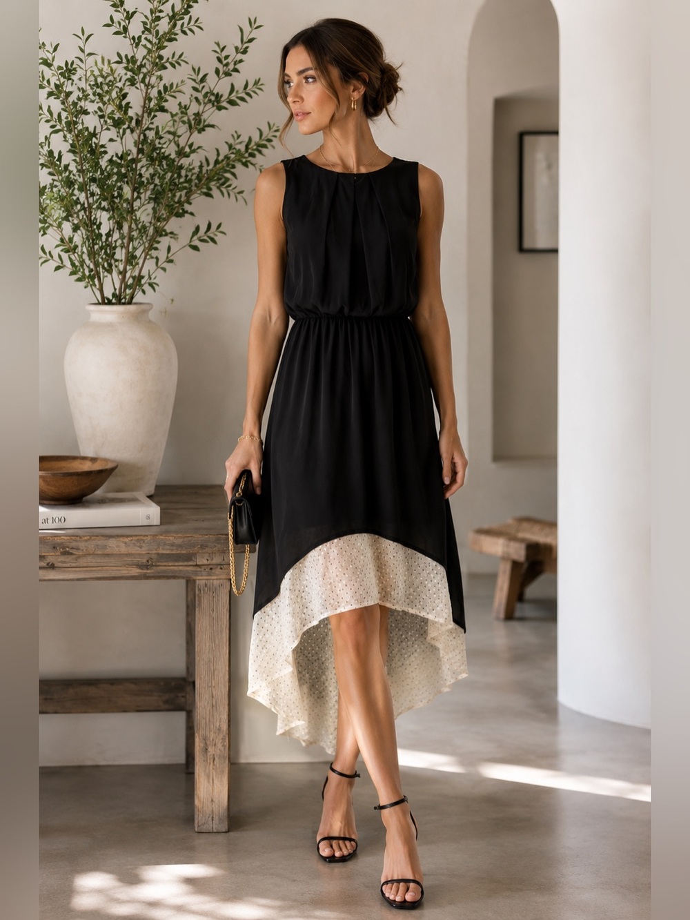 Black High Low Chiffon Dress Swiss Dot Hem Sleeveless Size L